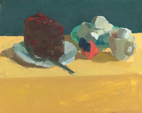 Ken Kewley, Strawberry Rhubarb Chocolate Cake 1995, oil on board, 8 x 10 in.